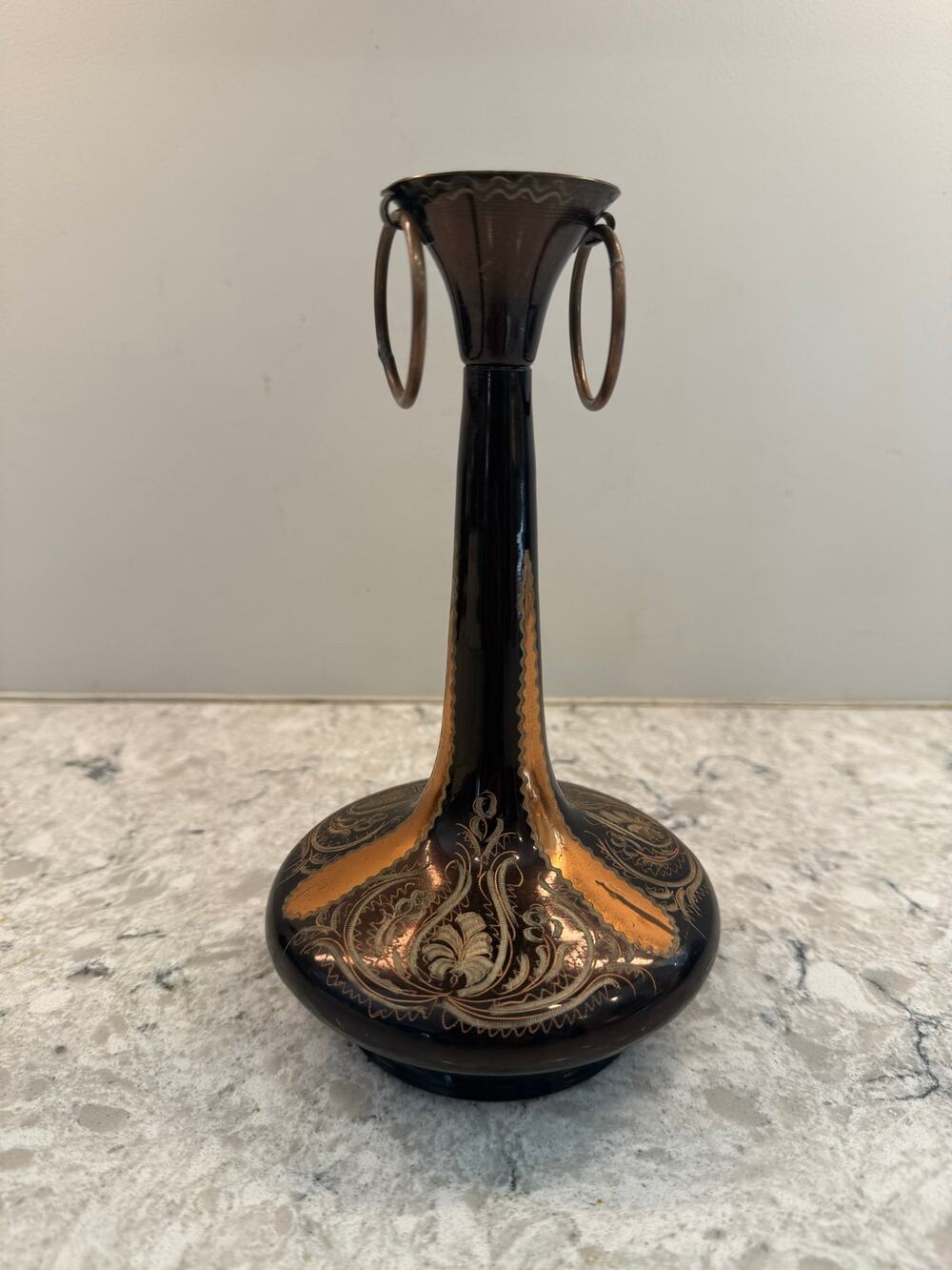 Vintage Turkish Hand Etched Copper Decorative Vase w Ring Handles JL